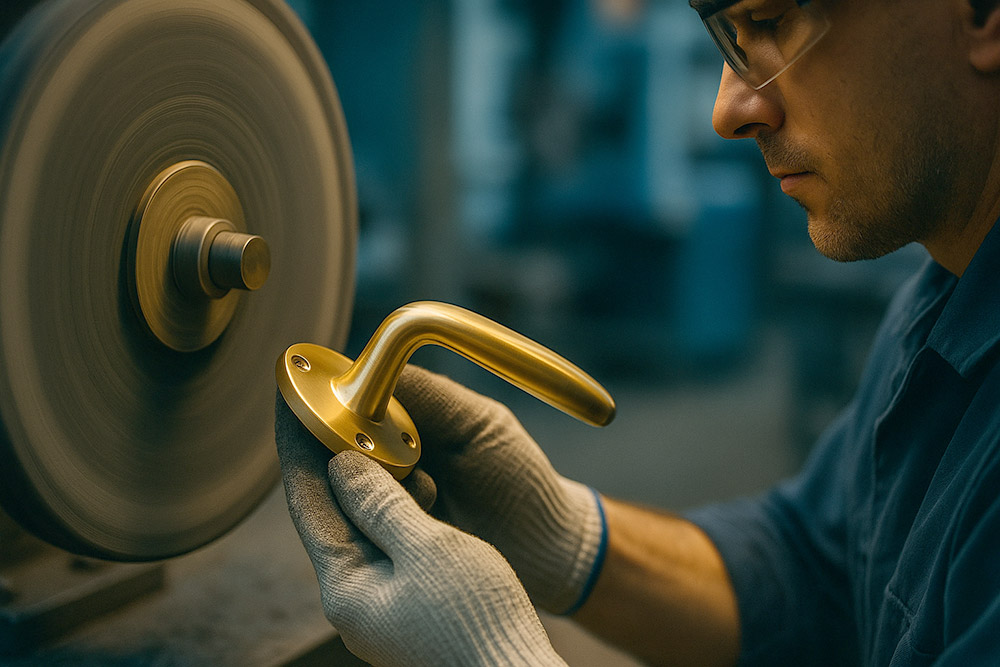 Technician polishing brass handle in modern manufacturing facility