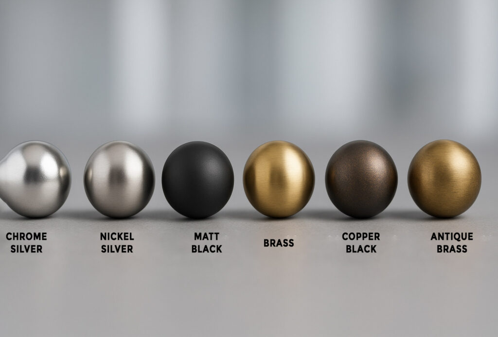 Metal finish samples showing Chrome, Nickel, Black, Brass, and Copper